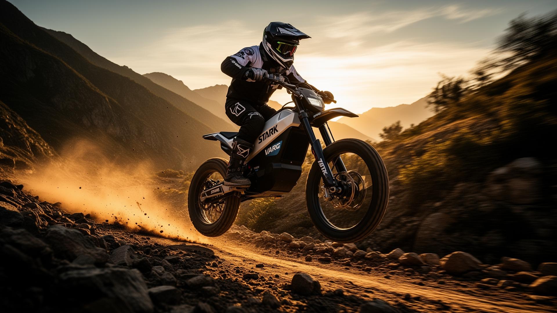 Enduro rider mid-jump in a dusty forest trail